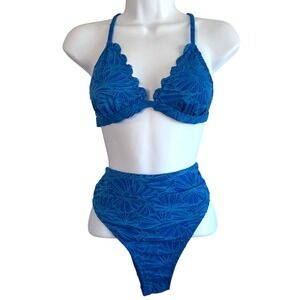 Cupshe Womens Scallop High Waisted Blue Jacquard Bikini Set Size M Strappy Tie‎
